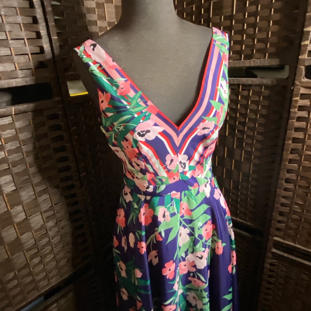 Vince Camuto Floral V-Neck Sleeveless Maxi Dress in Purple, Pink and Green